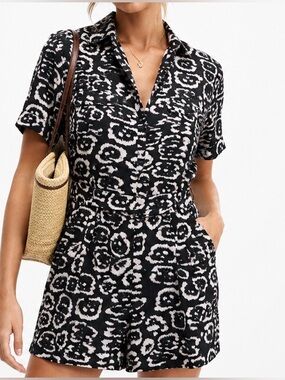 AllSaints Jade Felix Leopard Silk Playsuit Romper Black White Size 4